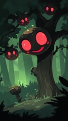 A cartoon illustration depicting a dark forest with smiling creatures