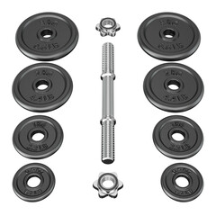 Parts of cast iron black Adjustable Dumbbell, rod handle, weight plates, spin lock collars isolated on white background. 3D illustration