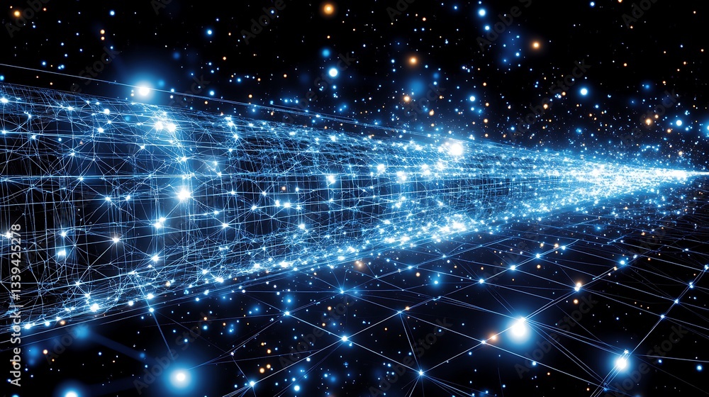 Poster futuristic network tunnel with glowing nodes and interconnected lines, representing technology advan