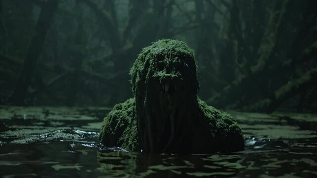 Lurking within murky swamp waters, supernatural creature gradually emerging, revealing piercing glowing eyes while creating deeply unsettling paranormal atmosphere dripping with primordial dread