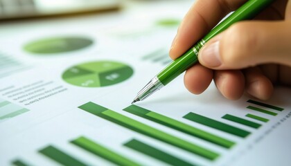 Businessman Studying Opportunities For Sustainable Development Using Charts At His Workplace While Holding A Pen And Examining Green Charts.