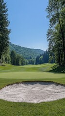 Obraz premium Serene golf course landscape with lush green grass and a sand bunker under a clear blue sky offering a tranquil scene