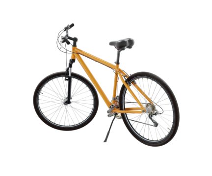Orange bicycle standing while leaning on kickstand, side back view. Bike resting on kick stand isolated on white background, 3D illustration