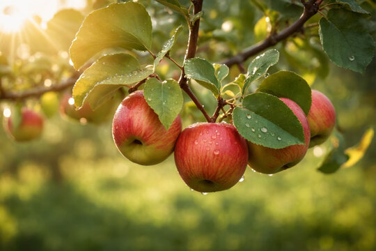 Ripe apples on a branch with dew drops in sun rays. Fresh harvest of apples for harvest festival and eco food market, fresh juice, thanksgiving or food banner or poster.