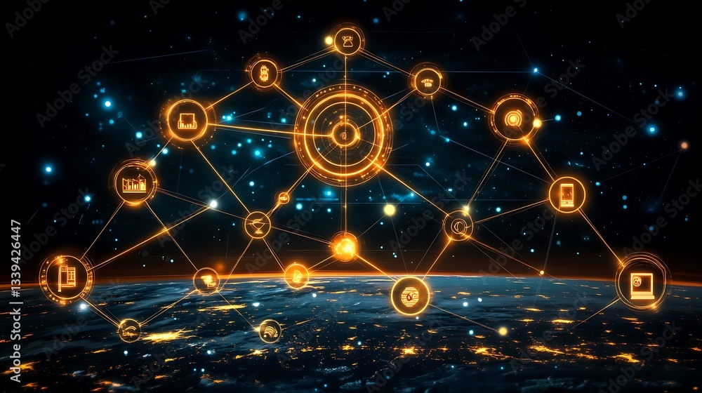 Poster global network connections and data exchange concept, representing a digital worldwide infrastructur