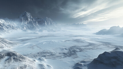 Fototapeta premium A frozen tundra landscape bathed in the glow of the aurora borealis, with icy peaks and endless snowfields stretching into the distance