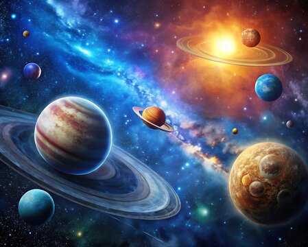 Planet in space with moon and stars in the cosmic sky