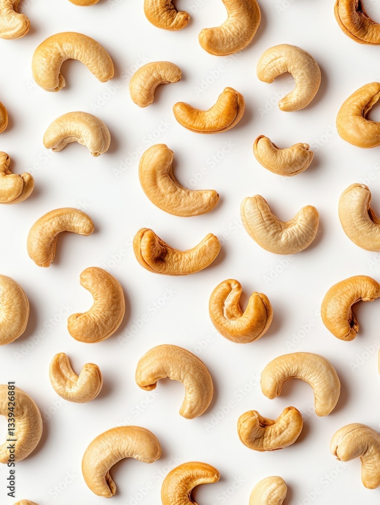 Poster cashew nut pattern on a white background creating a visually appealing and healthy food backdrop wit