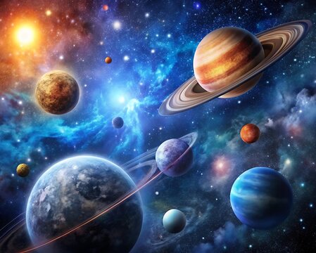 Planet in space with moon and stars in the cosmic sky - Powered by Adobe
