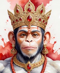 Obraz premium Mighty and Wise Lord Hanuman Ji in a Crown - Hindu Mythology Deity