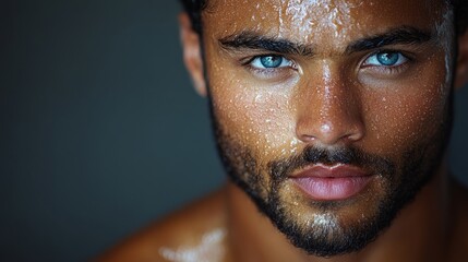 Fototapeta premium A handsome young man gazes directly at the viewer, his skin glistening