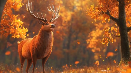 Deer Standing in Autumn Forest with Orange Leaves Falling Down