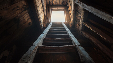 Fototapeta premium Old wooden ladder stretches upwards towards a bright opening, offering a path to freedom and hope within a dark, confined space