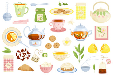 Large set of tea party items, tea utensils, tea accessories. sweets on white background. Vector illustration in flat style.