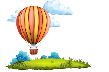 Naklejka premium Hot air balloon ascends over grassy hill, clouds above, idyllic scene, travel illustration