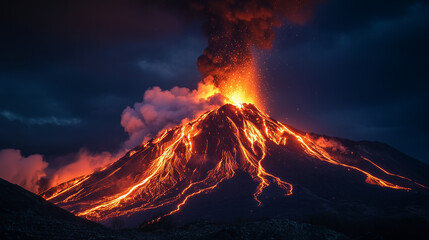 A massive volcano erupting under a dark night sky, with molten lava streaming down its slopes and ash clouds billowing into the air