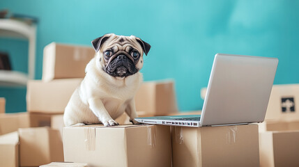 Pug sitting in a pile of shopping boxes with a laptop open to a checkout page, illustrating product delivery and online orders