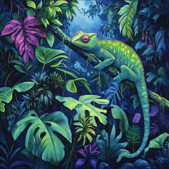 A vibrant green chameleon resting peacefully on a lush tree branch