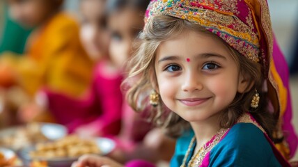 Fototapeta premium Young Girl Wearing Vibrant Traditional Clothing Smiles