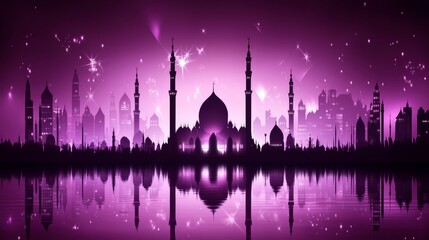 Fototapeta premium Night Cityscape of Middle Eastern City with Fireworks and Water Reflection