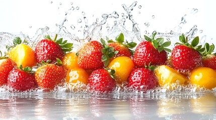 Fresh strawberries and yellow plums splashing in water.