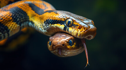 Obraz premium Two vibrant snakes entwined in a natural setting, showcasing their intricate patterns and colors