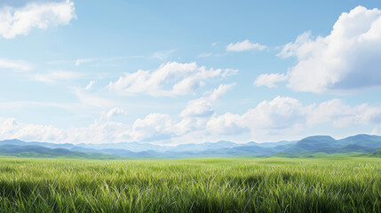 Naklejka premium serene landscape featuring lush green grass under bright blue sky with fluffy clouds and distant mountains, evoking tranquility and peace