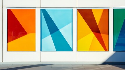 Colorful geometric patterns on glass windows reflecting sunlight in an urban setting