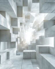 Abstract architectural space with geometric blocks and bright light creating a modern and clean perspective with a sense of depth and minimalist style
