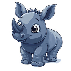Naklejka premium Cute Cartoon Rhinoceros with Big Eyes and Spiky Hair Standing on All Four Legs.