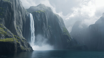 Fototapeta premium A towering fjord where a waterfall plummets from sheer cliffs into the deep blue sea, surrounded by misty mountain peaks