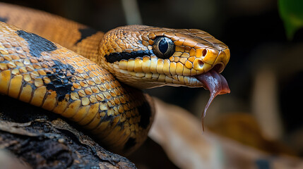 Fototapeta premium Close-up of a vibrant snake with a flicking tongue, nestled among leaves in a natural habitat
