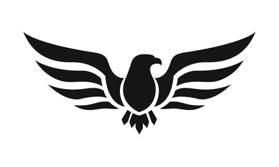 Eagle logo template. Black and white silhouette of an eagle with spread wings. Symmetrical and stylish logo, perfect for branding and emblems