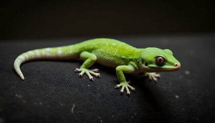 Obraz premium A small gecko with vibrant green scales is perched on a dark, textured background, its intricate skin patterns and delicate toes in sharp focus against the blurred background.