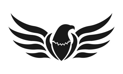 Eagle logo template. Black and white silhouette of an eagle with spread wings. Symmetrical and stylish logo, perfect for branding and emblems