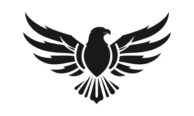 Eagle logo template. Black and white silhouette of an eagle with spread wings. Symmetrical and stylish logo, perfect for branding and emblems