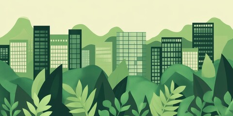 An artistic image depicting a city in a natural lush environment
