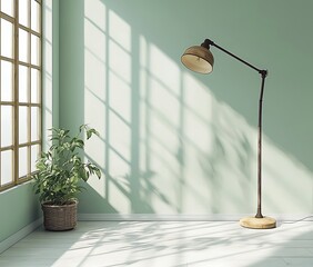 Interior room, shadows, light through window, plant by corner, home decor use