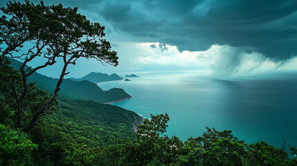 Obraz premium A high vantage point capturing a sweeping view of an incoming storm, with a curtain of rain and electric flashes illuminating the sea