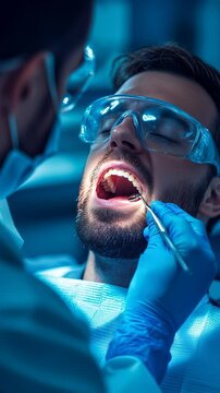 Man receiving dental exam from professional dentist using a small mirror tool in a dentist office during the daytime with surgical gloves and glasses