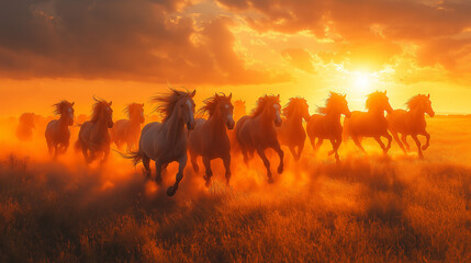 Fototapeta premium A group of wild horses runs energetically across a field during sunset. The sky is filled with vibrant colors as the sun sets, creating a captivating atmosphere