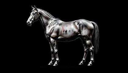 The glitch art features a distorted image of a horse, with fragmented pixels creating a surreal and abstract composition against a dark, ominous background.