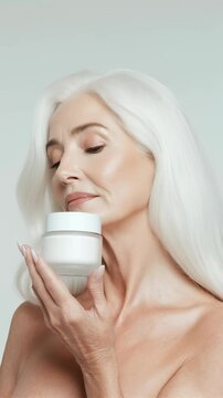 Elegant older woman showcases face cream for skincare routine and anti-aging benefits against a neutral background during daytime with natural light