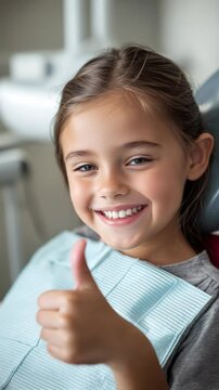 Happy little girl giving thumbs up at the dentist office, sitting in chair, smiling after dental check up, showing positive attitude. Ideal for Social Media, Stories, Advertising