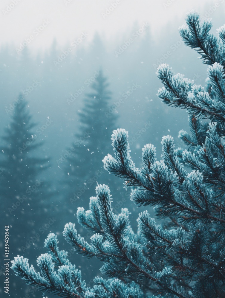 Poster enchanting winter scene of frosted pine branches in a serene forest with falling snow creating a tra