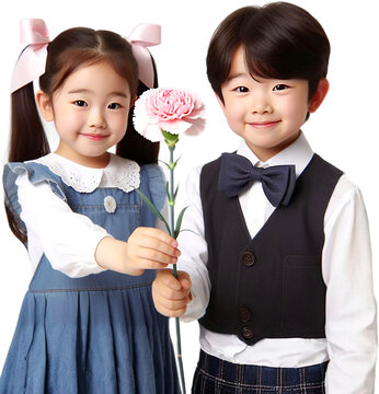 Children giving carnation flowers to mother on Mother's Day Girl giving carnation flowers to mother on Mother's Day.  transparent background. png
