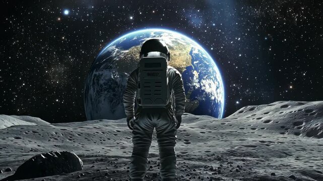 Rear view on a astronaut standing on a moon or asteroid and looking on a planet earth in space