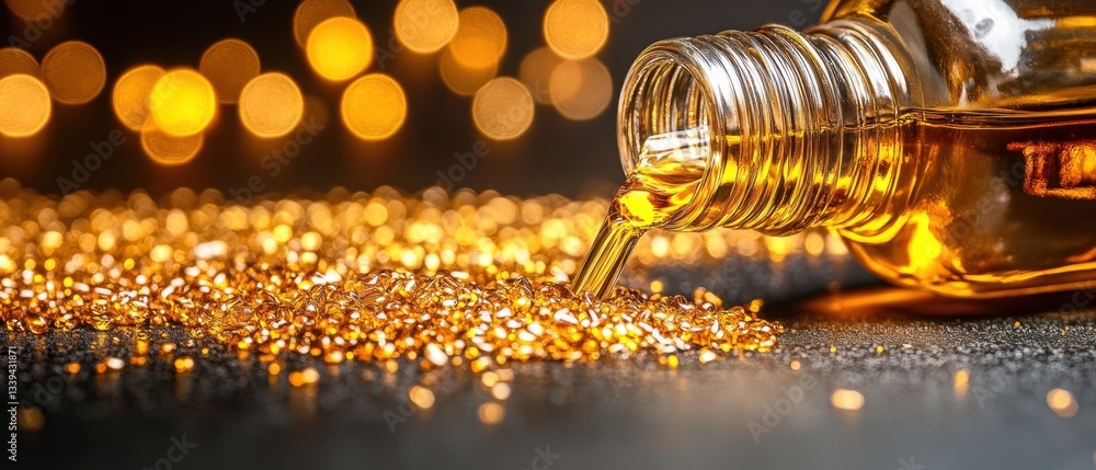 Poster golden liquid cascading from glass bottle onto shimmering surface creating a luxurious inviting scen