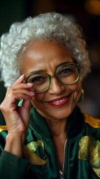Portrait of beautiful mature woman with curly gray hair, wearing green glasses, earrings, and a green embroidered bomber jacket, smiling with red lipstick