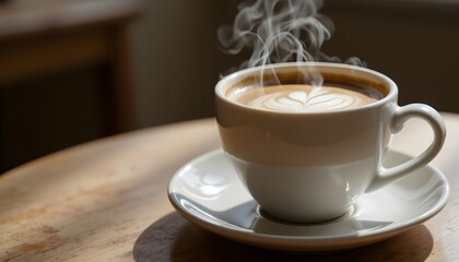 A steaming cup of freshly brewed coffee sits atop a table, emitting a rich aroma of roasted beans, inviting you to take a sip and savor the comforting warmth.